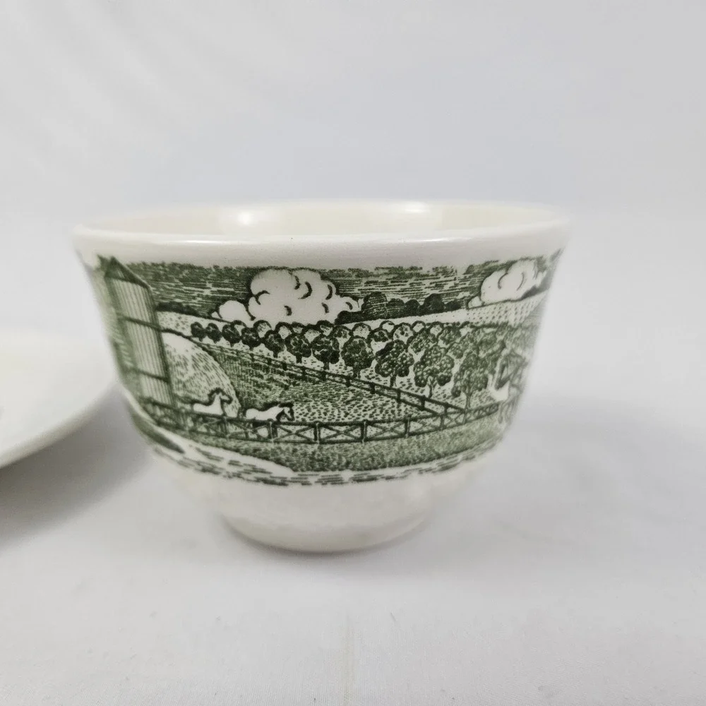Homer Laughlin Teacup & Saucer Set Farm Scene Vintage Pastoral Green